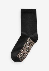Musta nilkkasukka, jossa on leopardikuosiset raidat ruskeana, beigenä ja valkoisena sivuilla. Liukas pinta, tavanomainen sukka-muoto.