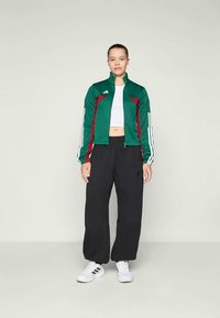 Casaco verde e bordô com riscas brancas, combinado com calças largas pretas e ténis brancos; design atlético com um corte cropped.