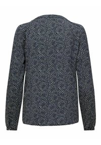 Chemise à manches longues bleu marine avec motif floral abstrait blanc, poignets boutonnés, vue de dos sur fond blanc.