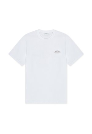 Hvid bomulds-T-shirt med rund hals, korte ærmer og subtilt trykt logo på øverste venstre bryst. Glat tekstur, afslappet pasform.