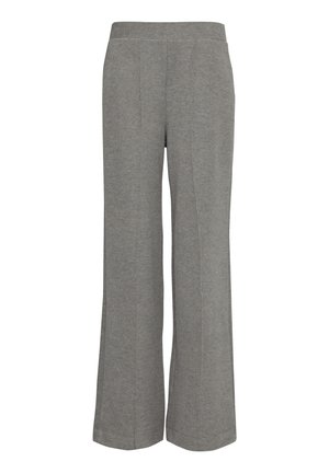 Un pantalon large en coton gris présente une taille haute et une texture lisse avec deux détails de coutures verticales à l'avant.