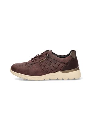 Zapatilla deportiva marrón casual con cordones, lados perforados, suela beige clara y cuello acolchado para mayor comodidad, mostrada de perfil.
