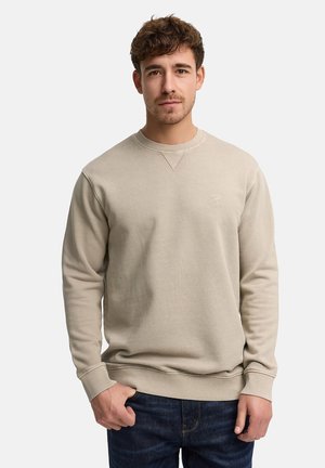 Nuori mies, jolla on lyhyet kiharat ruskeat hiukset, beige pyöreäkauluksinen paita ja tummat farkut, yksiväristä taustaa vasten.