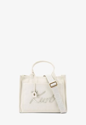 Borsa tote in tela color crema con doppio manico, tracolla regolabile e tasca frontale con logo in rilievo.