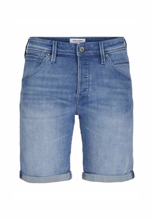 Shorts in denim blu con un leggero lavaggio, orli arrotolati, tasche anteriori e posteriori, e chiusura con bottone. Realizzati in materiale di cotone elasticizzato.