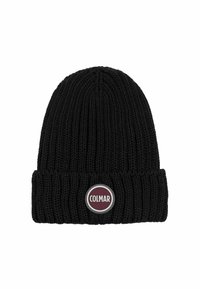 Zwarte gebreide beanie met een omgevouwen rand. Bevat een ronde logopatch in bordeauxrood en wit met de tekst "COLMAR." Geweven rib patroon in het geheel.