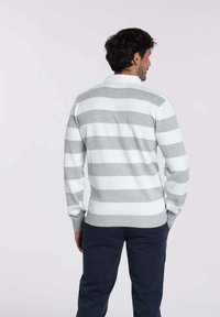 Pull-over rayé gris et blanc avec des manches longues et un ourlet côtelé. Le matériau semble doux, design décontracté avec un col.