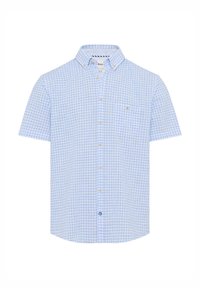 Camicia a maniche corte con bottoni in blu chiaro e bianco a quadri, con colletto, tasca sul petto e bottone blu di accento. Materiale in cotone.