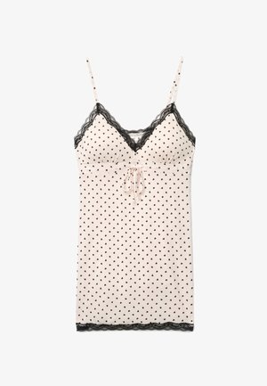 Vestito a spalline rosa chiaro con motivo a cuori neri, spalline sottili regolabili, rifinitura in pizzo nero sullo scollo e sull'orlo, e fiocco annodato sul davanti.