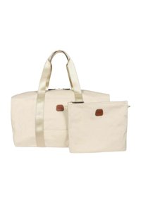Set di borse da viaggio beige composto da un grande borsone e una piccola pochette. Tessuto resistente, texture liscia e manici in satin a contrasto con un accento in pelle.