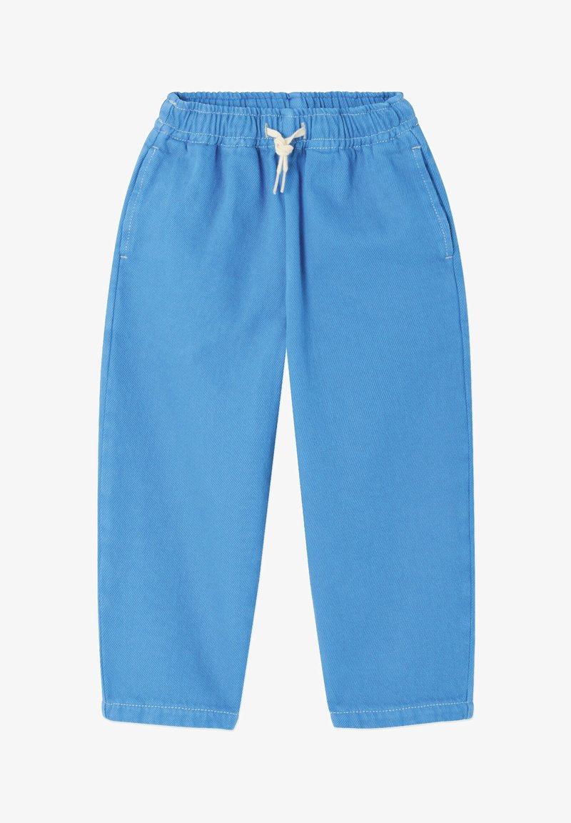 Pantalon décontracté bleu clair avec taille élastique et cordon blanc, avec poches latérales et coupe droite.