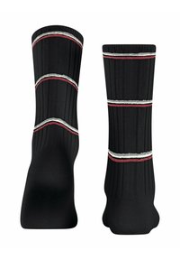Schwarze Rippenstrümpfe mit horizontalen Streifen in Rot, Weiß und Grau. Das Design bietet eine glatte Textur und hat eine Höhe bis zur Mitte der Wade.