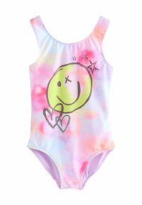 Maillot de bain avec un motif tie-dye coloré dans des teintes pastel. Présente un grand graphique de smiley vert avec des cœurs et des étoiles. Fabriqué en tissu extensible.