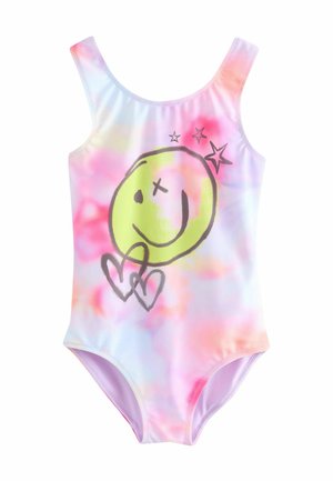 Maillot de bain avec un motif tie-dye coloré dans des teintes pastel. Présente un grand graphique de smiley vert avec des cœurs et des étoiles. Fabriqué en tissu extensible.