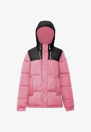 Giacca a vento con corpo rosa e sezione superiore nera, dotata di cappuccio, tasche con zip e una texture trapuntata.