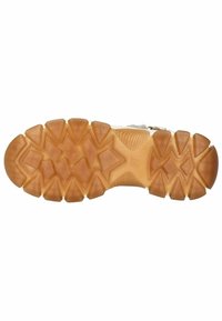 Rubberen onderzool met een robuust patroon, voorzien van diepe groeven en multidirectionele noppen in tan. Glad, gestructureerd oppervlak voor grip.