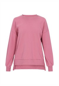 Lyserød pullover sweatshirt lavet af blødt bomuldsstoff med rund hals, afslappet pasform, sænkede skuldre og rib strikkede manchetter og kant.
