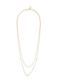 Guldtonad lagerhalsband med delikata kedjor, med hjärtaccent och spänne. Slät yta, lättviktig design.