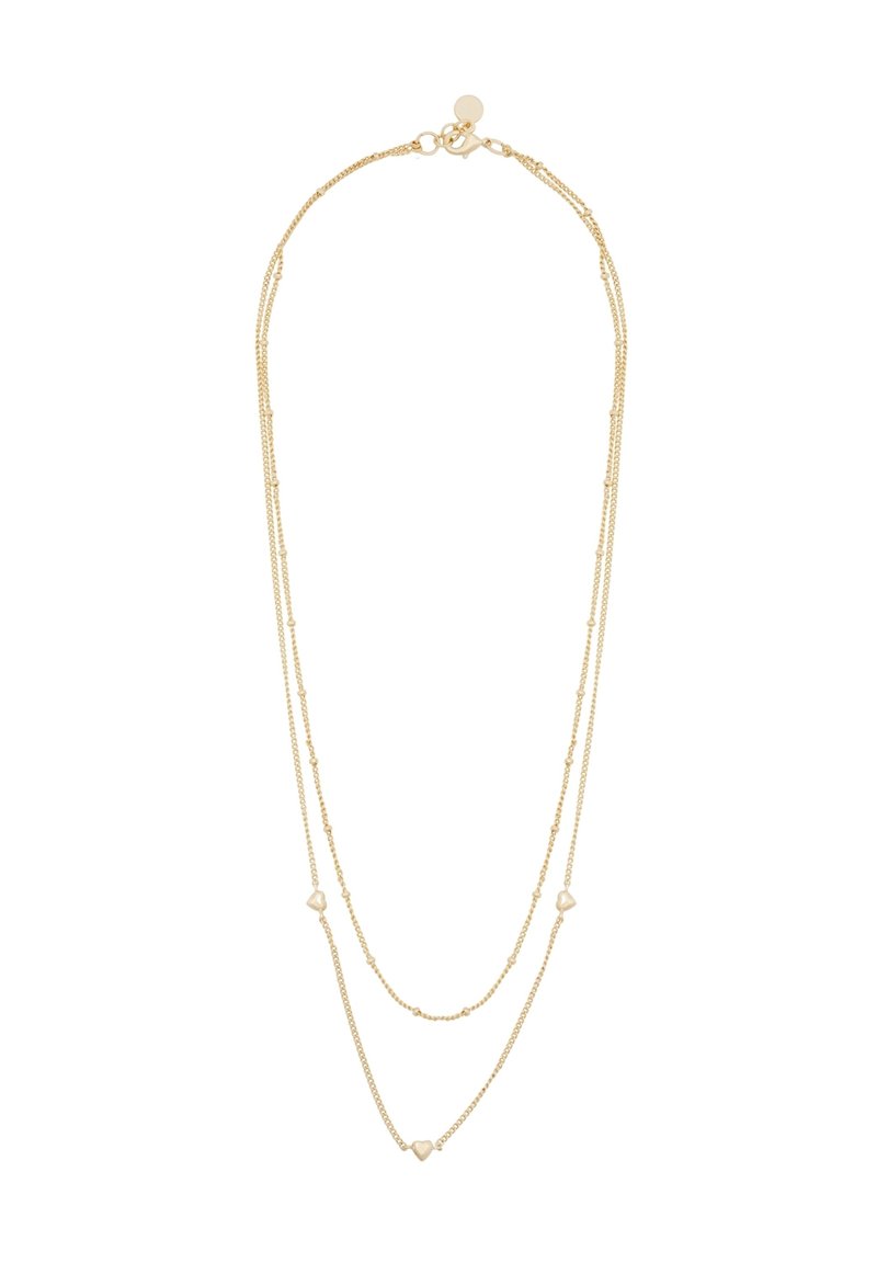 Guldtonad lagerhalsband med delikata kedjor, med hjärtaccent och spänne. Slät yta, lättviktig design.
