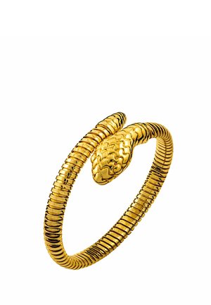 Pulsera de oro con forma de serpiente enrollada con escamas detalladas y una banda texturizada y segmentada.