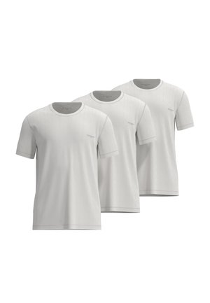 Three plain white short-sleeve crew neck t-shirts, slightly overlapping, with small chest logos on a white background.