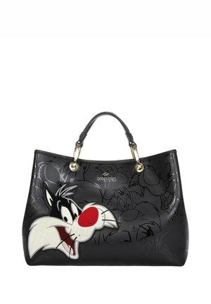 Borsa sintetica nera con un grande personaggio dei cartoni di Silvestro ricamato, arricchita da dettagli in metallo color oro e una texture liscia.