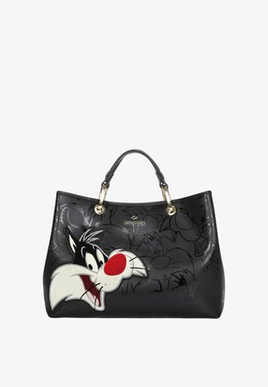 Borsa sintetica nera con un grande personaggio dei cartoni di Silvestro ricamato, arricchita da dettagli in metallo color oro e una texture liscia.