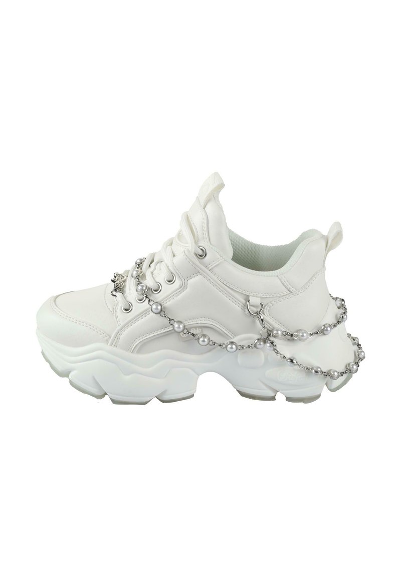 Chunky white sneaker featuring a smooth leather upper, lace-up design, rubber sole, and a decorative chain with pearls around the ankle.