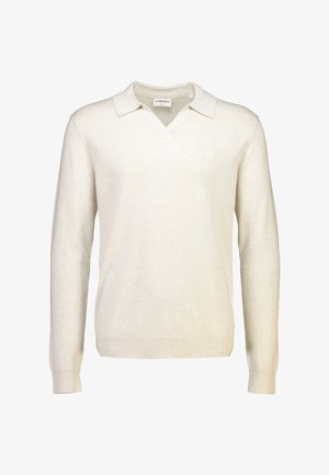 Roomkleurige trui van zachte stof, met een v-hals en lange mouwen, voorzien van een subtiel logo op de borst.