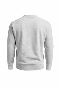 Grauer Pullover mit Rundhalsausschnitt, langen Ärmeln und gerippten Bündchen. Der Stoff hat ein glattes, strukturiertes Erscheinungsbild mit minimalen Nahtdetails.