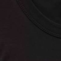 Black cotton T-shirt fabric close-up, featuring a round neckline. The texture is smooth with fine-knit detailing and consistent color.
