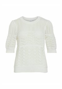 Maglione bianco lavorato a maglia con un motivo testurizzato, maniche corte a sbuffo e colletto e orlo a costine. Design leggero e traspirante.