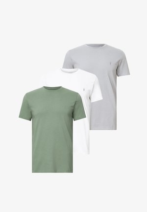 Trys trumpa rankovėmis marškiniai alyvuogių spalvos, baltos ir šviesiai pilkos. Pagaminti iš medvilnės, su apvaliu kaklu ir maža logotipo detalė ant krūtinės.