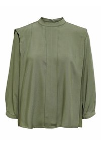 Olijfgroene blouse met lange mouwen, hoge hals, geplooid detail aan de voorkant en een ritssluiting aan de achterkant.