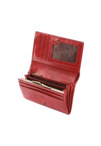 Red leather wallet with multiple card slots, a transparent ID pocket, and gold-colored hardware. Interior features fabric lining with logo pattern.