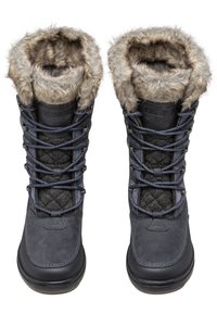 Veterschoenen voor de winter van donkerblauw leer, met een luxe neperederen kraag, gewatteerde grijze stofaccenten en een stevige rubberen zool.