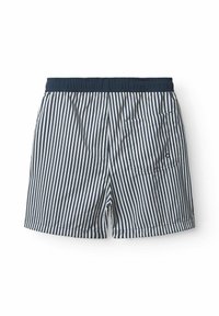 Svītraini peldkostīmi tumši zilā un baltā krāsā; elastīgs jostasvīrs; viena aizmugurējā kabata; īsu kāju dizains; viegla auduma tekstūra.