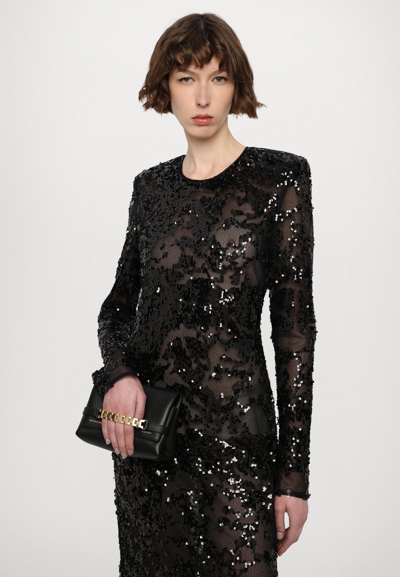 black beige dress Gala-worthy beige maxi dress covered in Black sequined ornament, Smoky Quartz S / 4 / Beige&Black