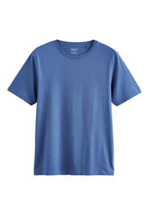 Effen blauwe slim-fit T-shirt met korte mouwen en ronde hals, van gladde stof, getoond op een witte achtergrond.