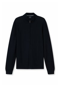 Marineblau gestrickte Strickjacke mit hohem Kragen, durchgehendem Reißverschluss und langen Ärmeln. Mit gerippten Bündchen und Saum. Weicher Stoff und taillierte Passform.