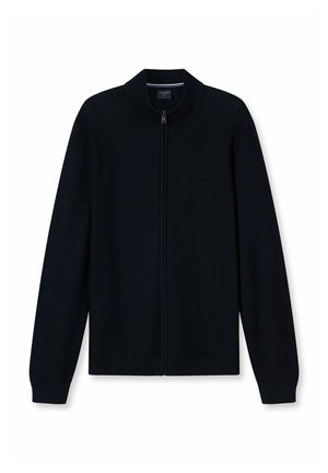 Marineblau gestrickte Strickjacke mit hohem Kragen, durchgehendem Reißverschluss und langen Ärmeln. Mit gerippten Bündchen und Saum. Weicher Stoff und taillierte Passform.