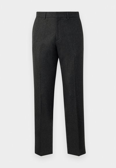 Tailored dark grey trousers made from a textured fabric. Straight-leg design with a flat front and subtle stitching detail on the waistband.