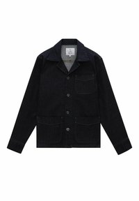 Mörk denimjacka med krage, knappstängning framtill, två stora framfickor och en enstaka bröstficka med kontrasterande sömnad.