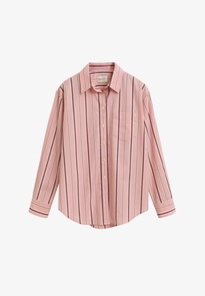 Langärmliges, knopfbares Hemd in Hellrosa mit vertikalen Streifen in Marineblau und Weiß. Verfügt über eine Tasche auf der linken Brustseite. Baumwollstoff.