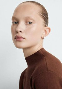 Pull à col montant marron en tissu doux, avec un design ajusté. Le modèle a la peau claire, les cheveux courts, et porte une petite boucle d'oreille.