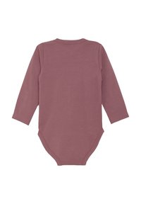 Långärmad bodysuit i dammrosafärg, tillverkad av mjuk bomull. Har en rund halsringning och tryckknappslås i botten för enkel påklädning.