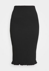 Jupe midi noire en tricot avec une surface texturée, une silhouette ajustée et un ourlet évasé. Présente un bord volanté en bas.