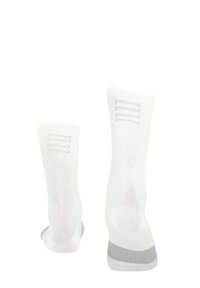 White athletic socks with a ribbed top, multiple venting stripes, and a reinforced gray heel. Made from a lightweight, breathable material.