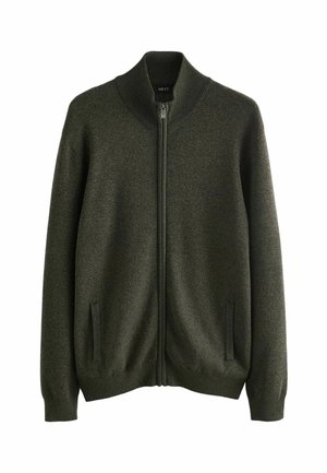 Tamnozelena zip jakna s visokim ovratnikom, rebrastim manžetama i rubom, te bočnim džepovima, izrađena od teksturiranog pletenog materijala.