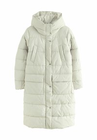 Manteau d'hiver léger gris clair avec capuche, texture matelassée, deux poches avant à pression et fermeture à boutons complète. Design mi-long.